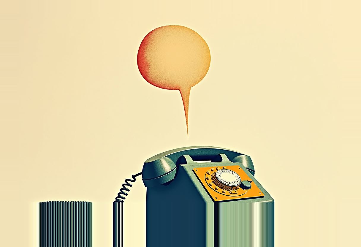 A tall dark blue rotary phone with an orange dial and coiled cord sits below a blank orange speech bubble pointing down at it, on a pale yellow background.