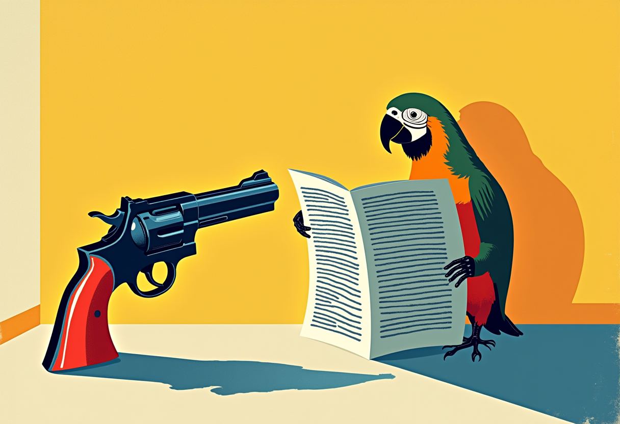 A revolver stands upright facing a green, orange, and red parrot that holds an open document with lined text, against a yellow wall and blue floor.