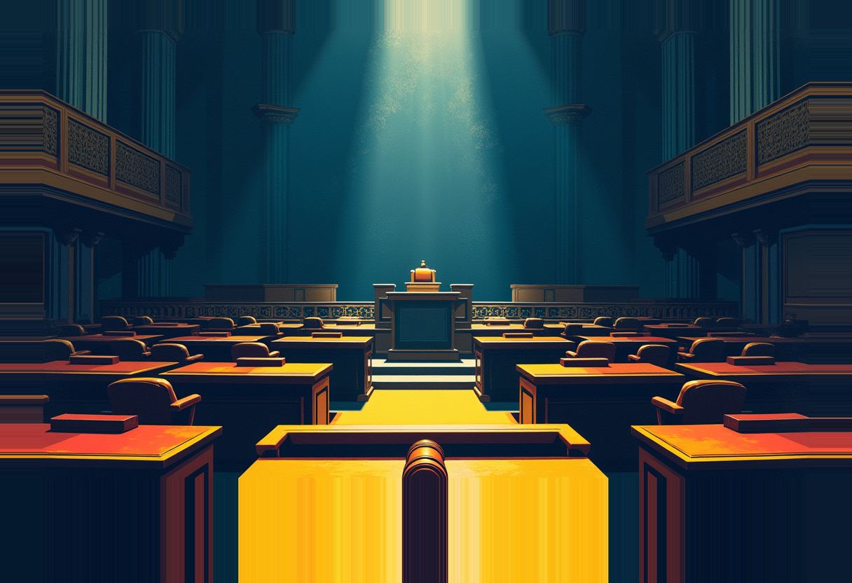 Empty legislative chamber with rows of desks facing a central podium, lit by a shaft of light from above, in dark teal and gold tones.