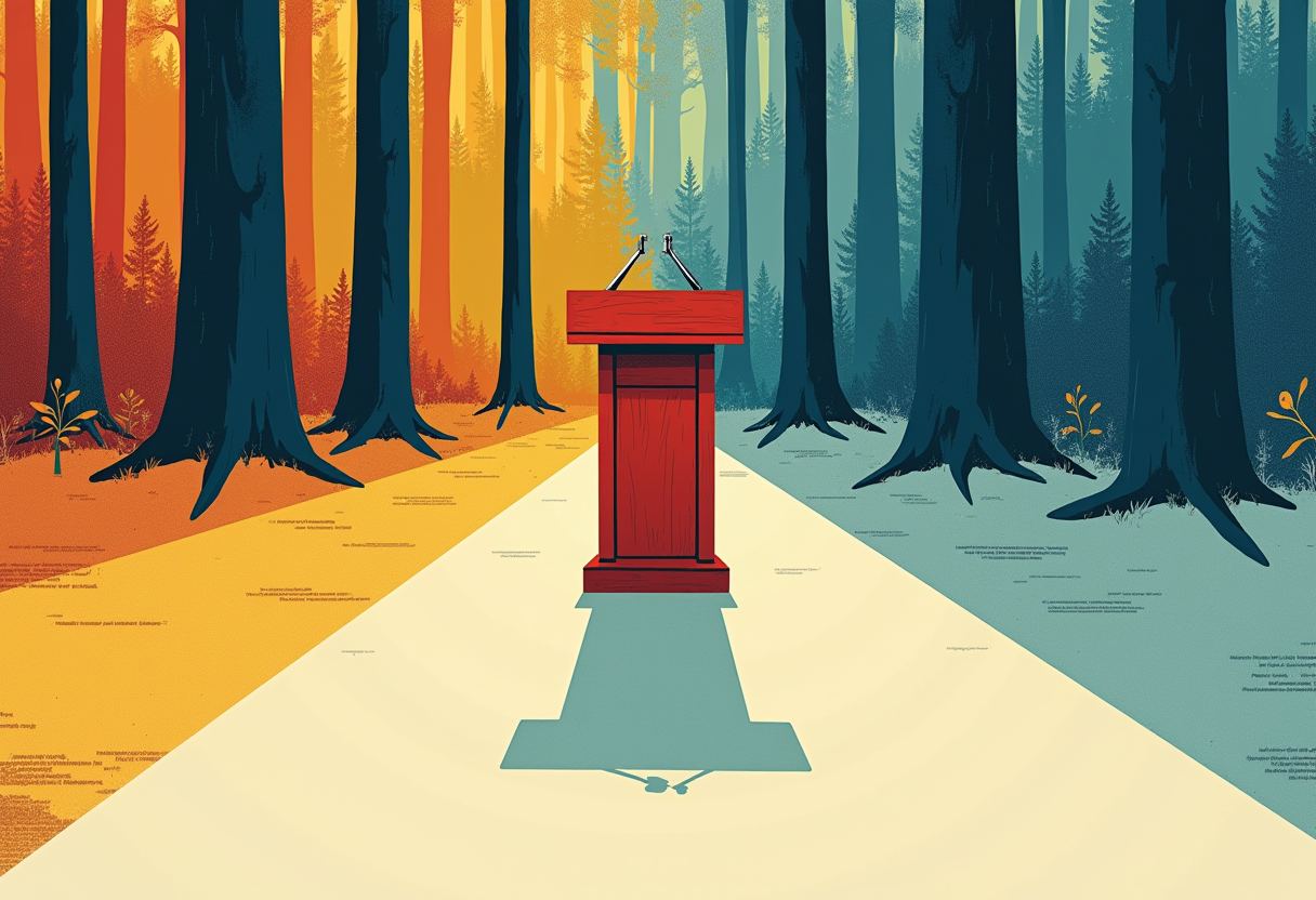 An empty red wooden podium with two microphones stands on a path between an orange-lit forest on the left and a blue-lit forest on the right.