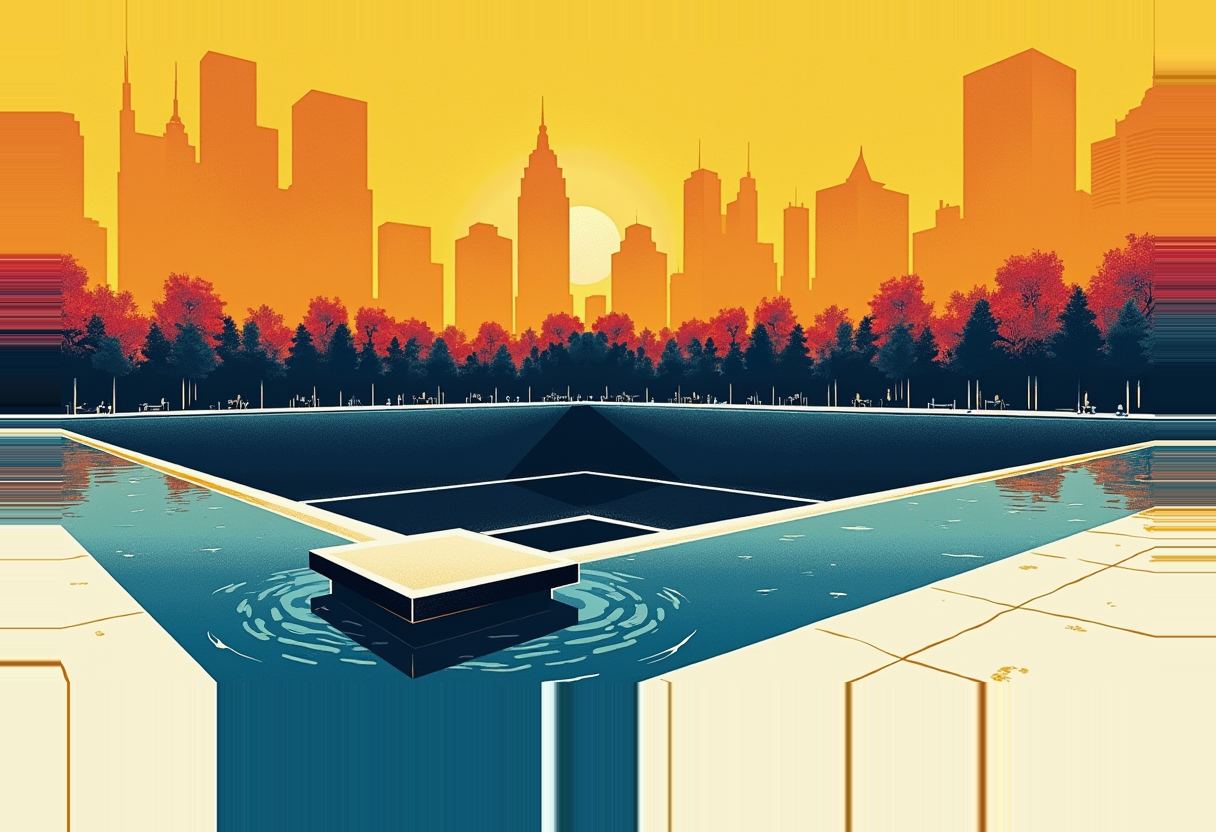 Illustration of a square reflecting-pool memorial with a dark central void, bordered by red-leaved trees and an orange city skyline at sunset.