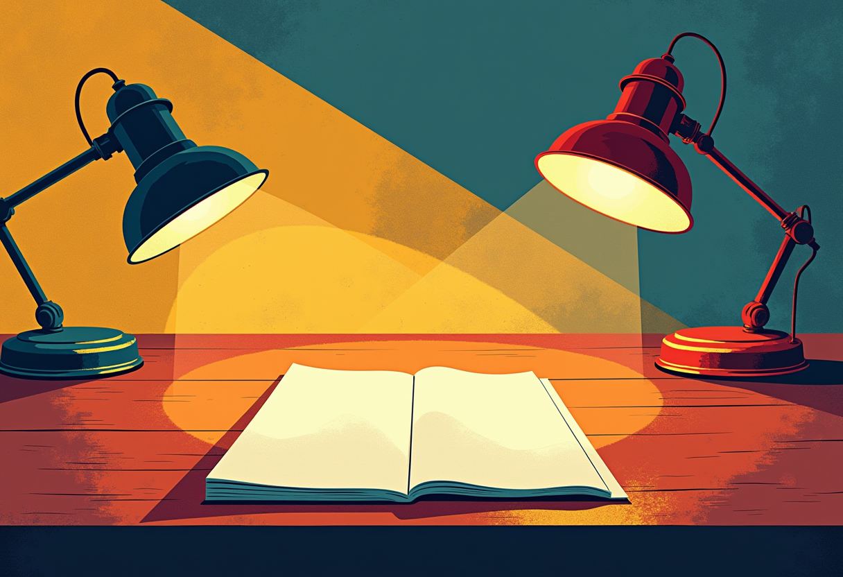 Two desk lamps, one dark teal and one red, shine crossed beams of light onto a blank open book on a wooden table.