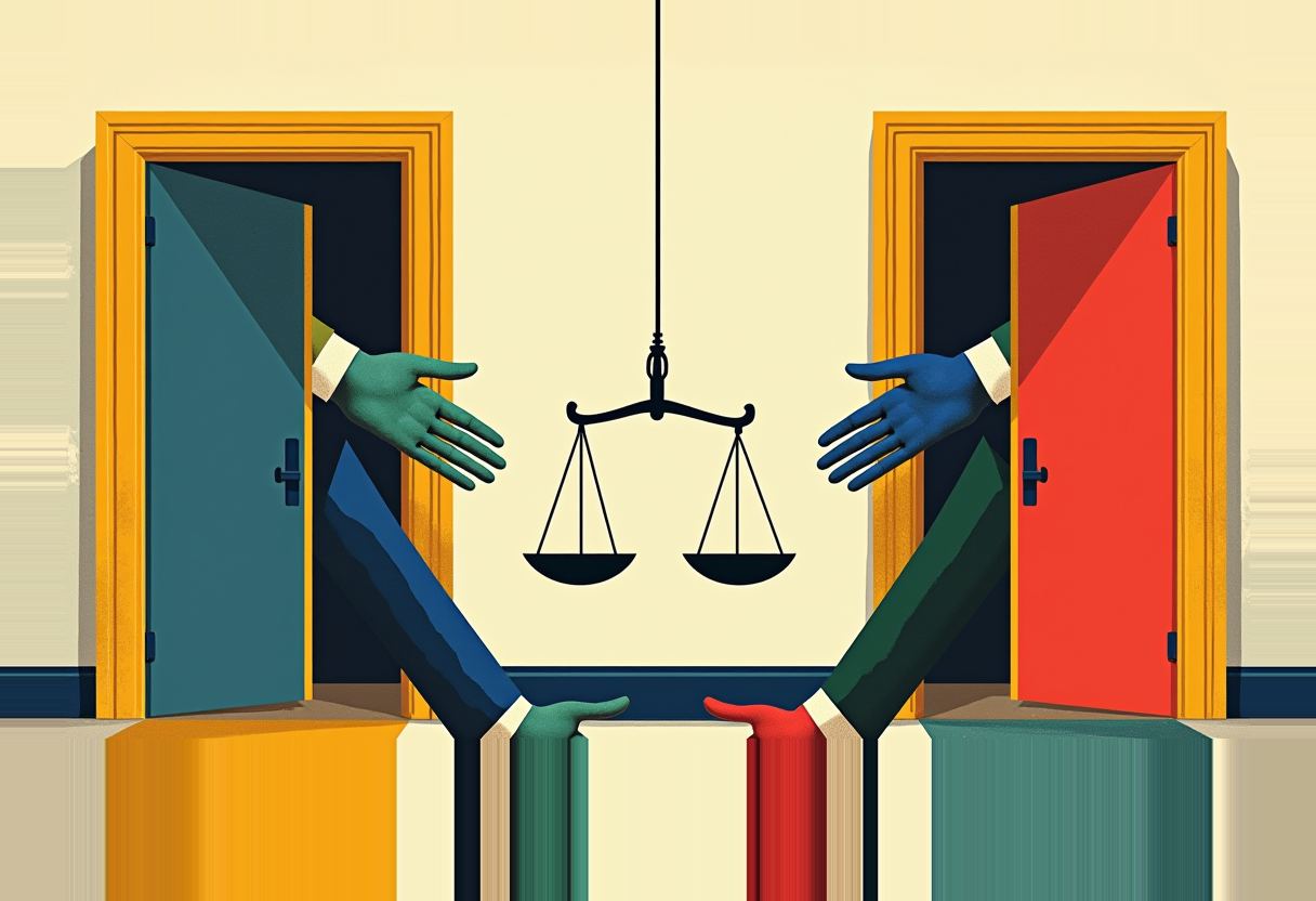 Two open doors, one teal and one red, each with a suited arm reaching out; a pair of scales hangs suspended between them over a beige background.