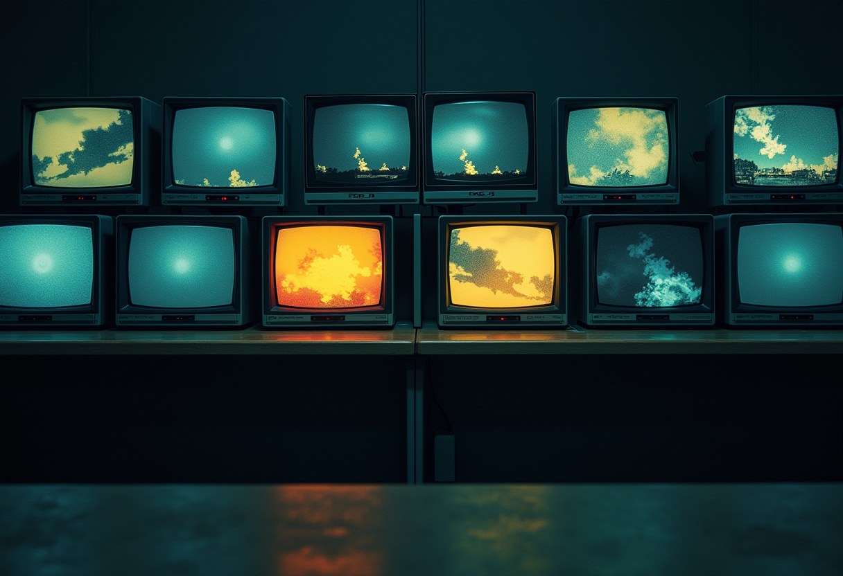 A dim bank of vintage security monitors, most dark, two glowing with mismatched smoke and firelight patterns