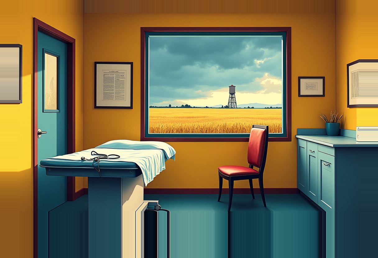 A doctor's exam room with a teal exam table, red chair, and cabinets against yellow walls, with a large window showing a wheat field and water tower under a cloudy sky.