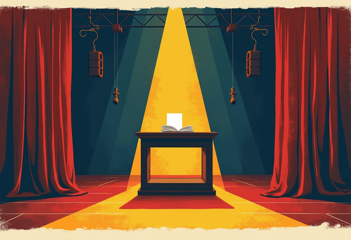 An empty stage: a spotlight falls on a bare podium holding one blank document, framed by half-drawn red curtains and dark rigging, no one in frame