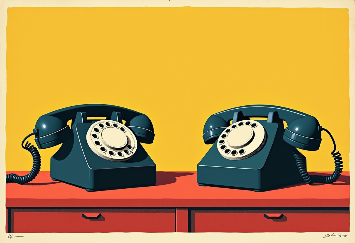 Two identical rotary telephones facing each other on a desk, one receiver correctly cradled, in flat risograph style