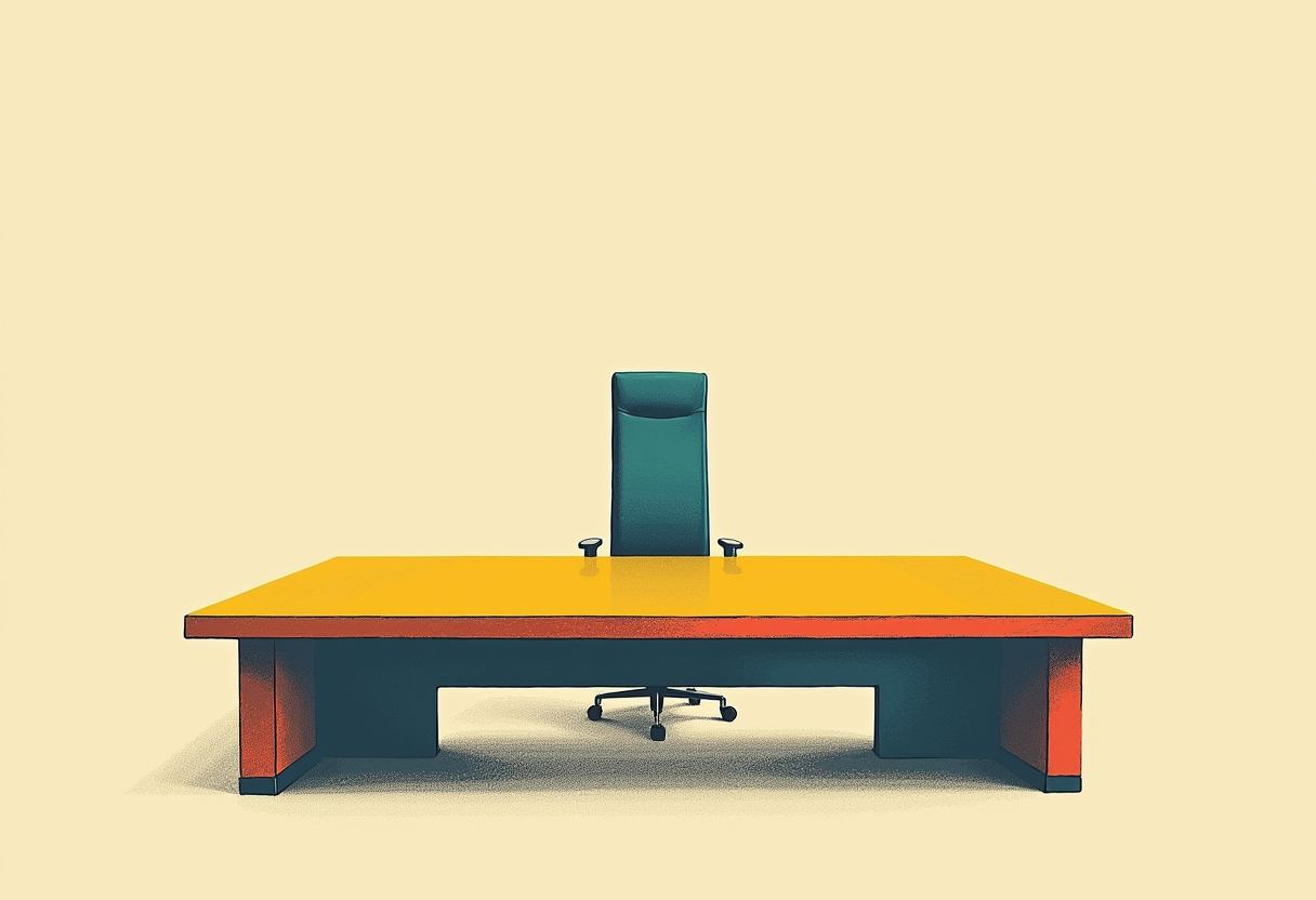 An empty dark-teal high-backed office chair sits behind a large yellow desk with an orange-red edge, on a plain cream background.
