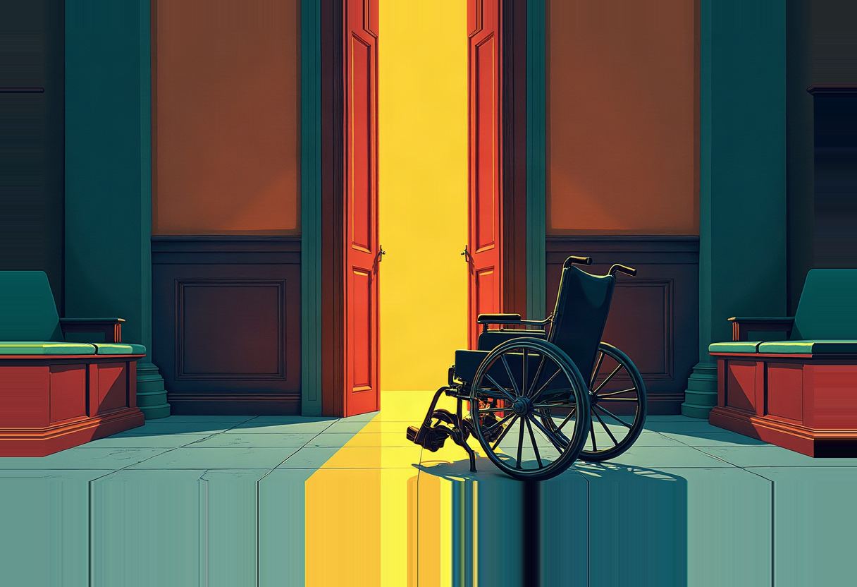 An empty wheelchair sits unoccupied on a tiled floor before a pair of open red doors flooding yellow light into a teal-walled corridor lined with benches.