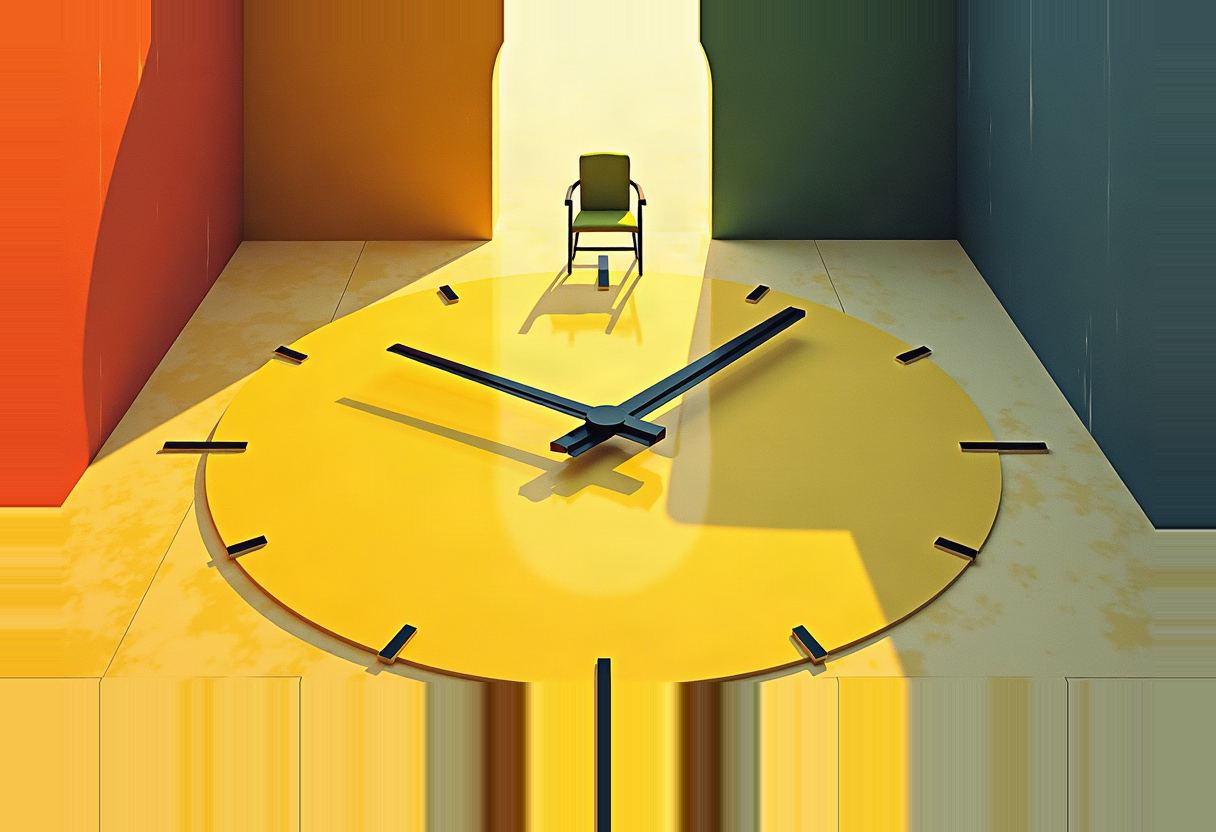 Flat risograph artwork of a plain clock face with hands but no numerals inlaid into a golden floor; the warm-lit afternoon half holds one small parrot-green chair, the blue-shadowed morning half is empty.