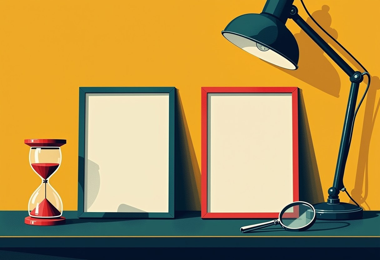 Flat risograph illustration: two identical empty framed photographs on a dark desk under a hanging lamp — an hourglass stands before the left frame, nothing before the right, and a magnifying glass rests on the desk between them