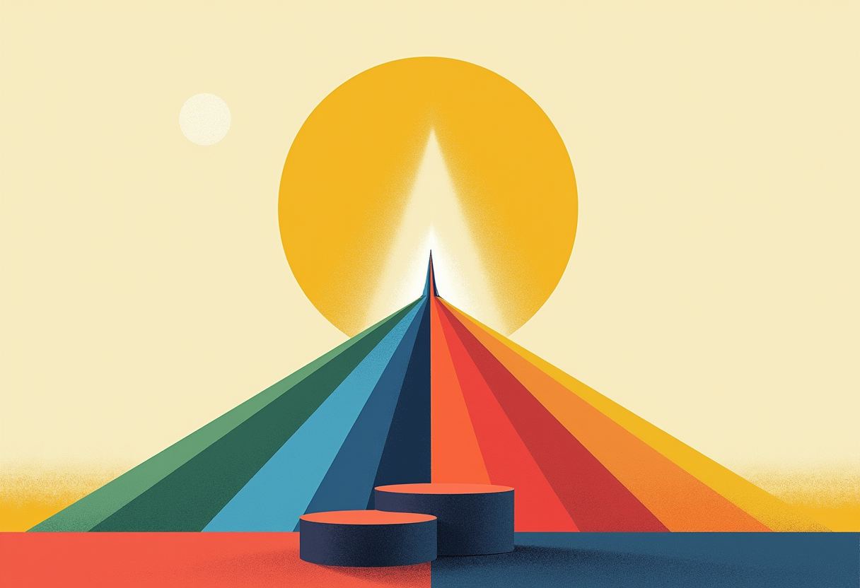 A tall triangular peak striped green, blue, red, and orange rises before a large yellow sun, with two dark cylindrical podiums in front.