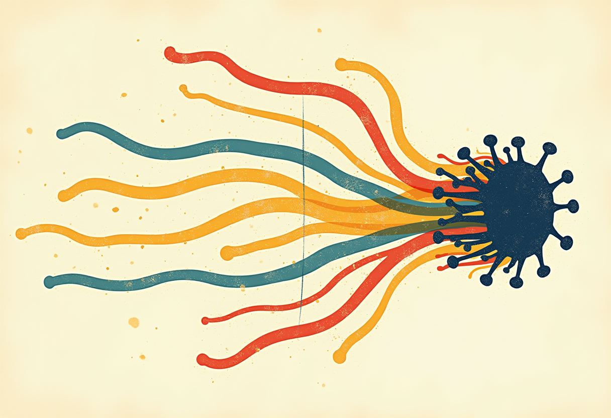 Wavy red, orange, and teal lines converge from the left onto a dark blue spiked virus icon on a cream background.