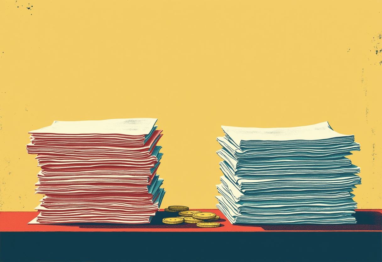 Two tall stacks of paper, one edged red and one edged blue, sit on a red table with a small pile of gold coins between them against a yellow background.