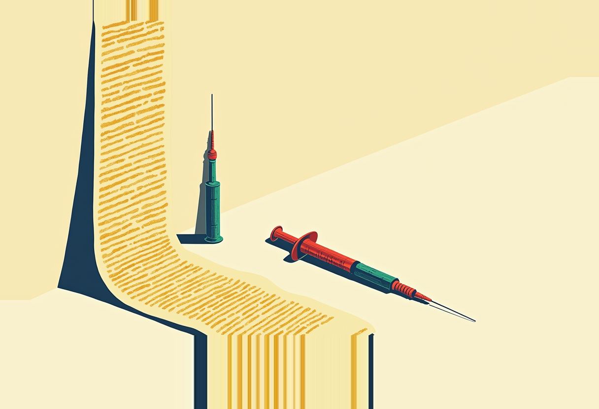 One green syringe stands upright, another lies on its side, beside a striped path that turns from dashes into vertical bars, on cream background.