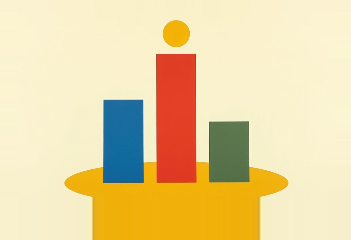 Three rectangular bars — blue, red, and green, with red tallest — stand on a yellow pedestal, a yellow circle balanced above the red bar.