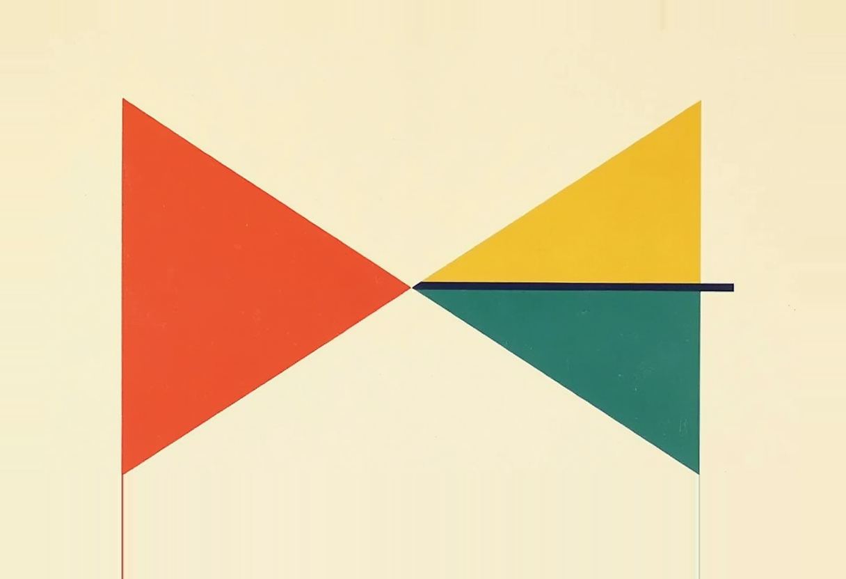 Abstract editorial illustration: a large vermilion triangle points at a matched pair of golden-yellow and parrot-green triangles across a thin cobalt dividing line -- one signed filing, two readings