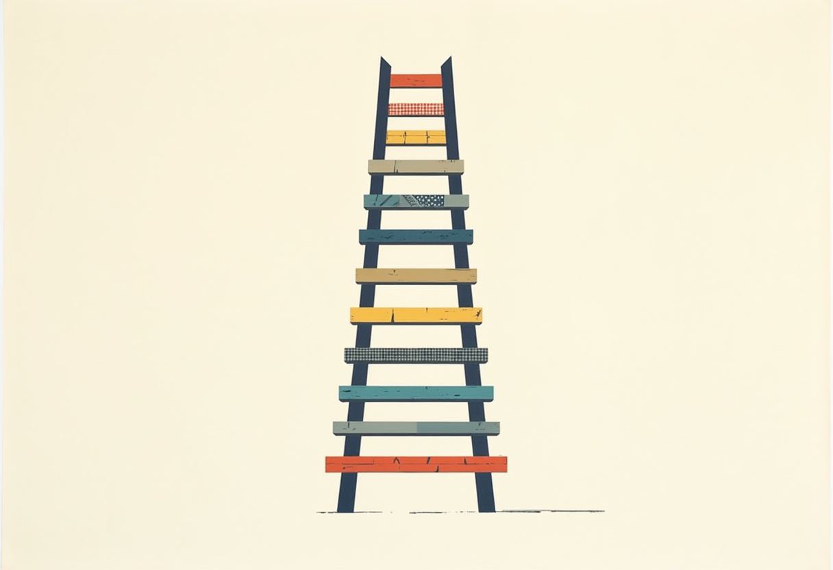 A tall dark ladder with rungs in mismatched colors and patterns—orange, gingham, yellow, tan, patterned, teal—stands on a cream background.