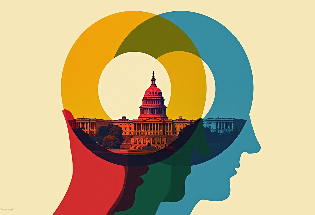 Overlapping red, yellow, and blue human-head silhouettes in profile frame the U.S. Capitol dome on a pale yellow background.
