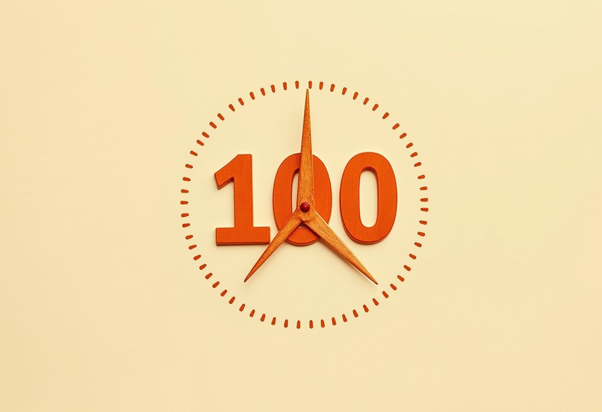 Orange numerals '100' behind three wooden clock hands radiating from a center pin, ringed by dashed clock marks, on a pale yellow background.