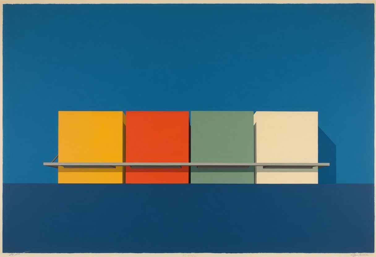 Four flat-colored rectangular blocks—yellow, red, green, and cream—stand in a row on a horizon line under a solid blue sky, crossed by one thin gray horizontal bar.