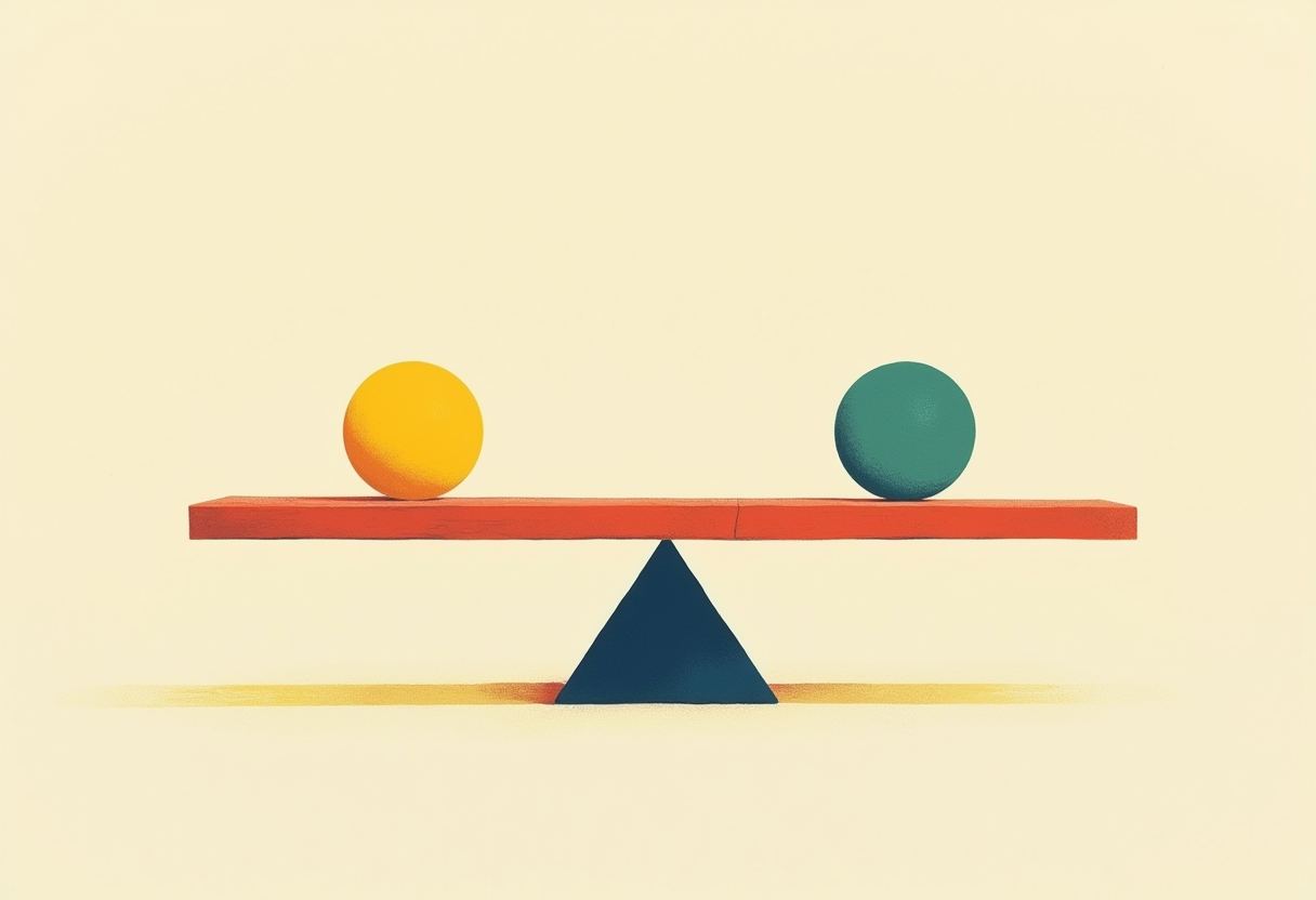 A yellow sphere and a teal sphere balance level on a red plank resting atop a dark blue triangular fulcrum, against a pale yellow background.