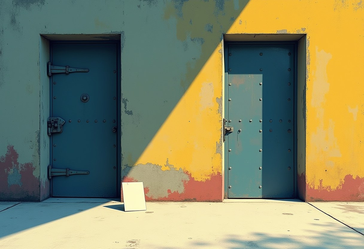 Two heavy riveted institutional doors in a weathered wall under cold light, a single blank folded slip of paper on the floor between them. Risograph, slate-blue and oxblood, no text.