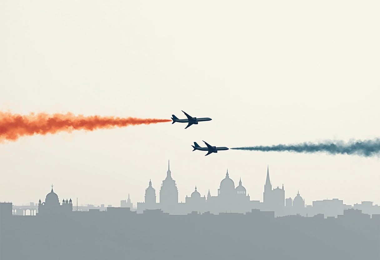 Two silhouetted jets trailing orange and blue smoke cross paths above a hazy city skyline of domes and spires.