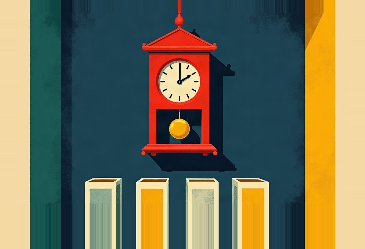Flat screenprint-style illustration: a red alarm bell mounted where a grandfather clock face should be, brass pendulum mid-swing, four identical small matchboxes in a row on a shelf below, deep navy background.
