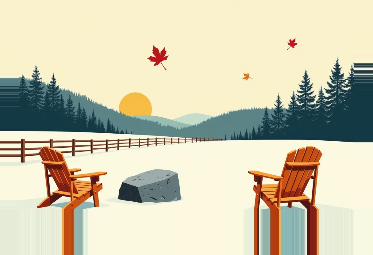 Two empty orange Adirondack chairs flank a gray boulder on snow, with a wooden fence, pine trees, hills and a low sun behind them, and falling red and orange leaves overhead.