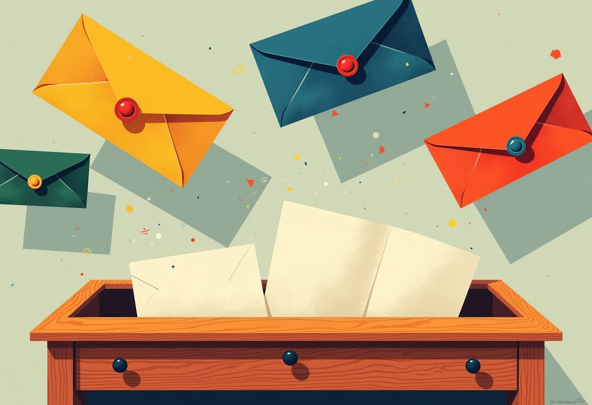 Illustration of colorful sealed envelopes flying above an open wooden drawer, with blank cream-colored letters propped up inside the drawer.