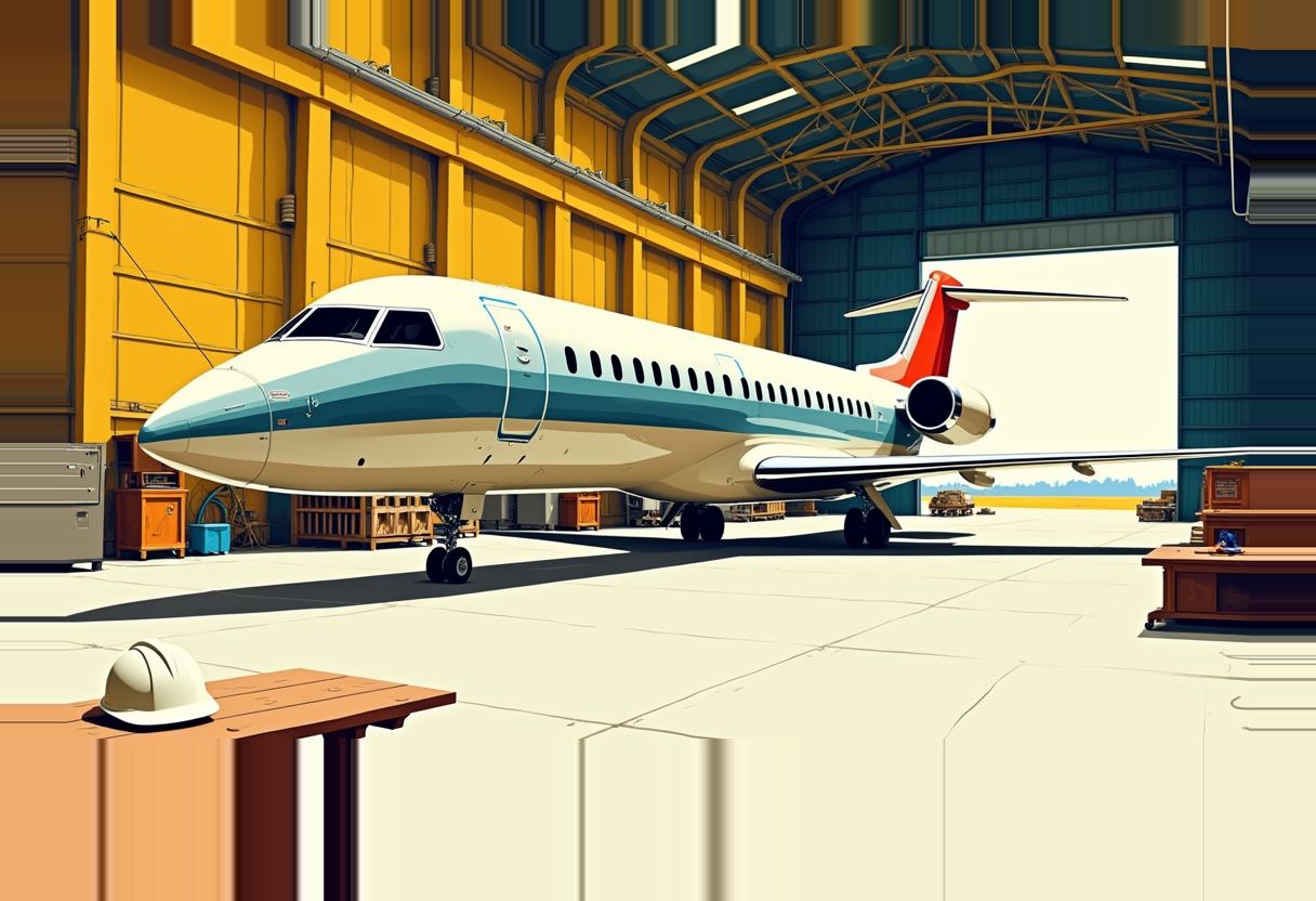 A white and blue jet with a red tail sits in a hangar with yellow walls, tool chests and a hard hat on nearby tables.