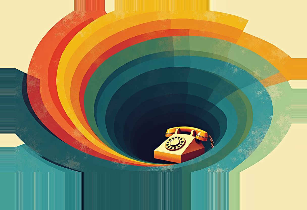 Flat risograph illustration of concentric spiral bands converging on a rotary phone