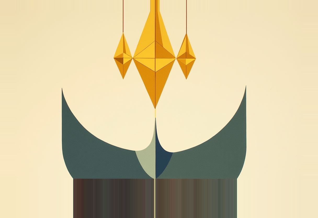 Three gold geometric crystal pendants hang on thin red strings above two teal curved shapes splitting apart on a cream background, faded into dark silhouettes below.