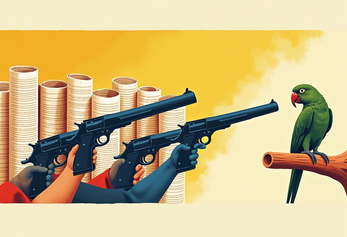 Two arms in red and blue sleeves point pistols at a green parrot on a branch, with stacks of rolled newspapers behind them on a yellow background.