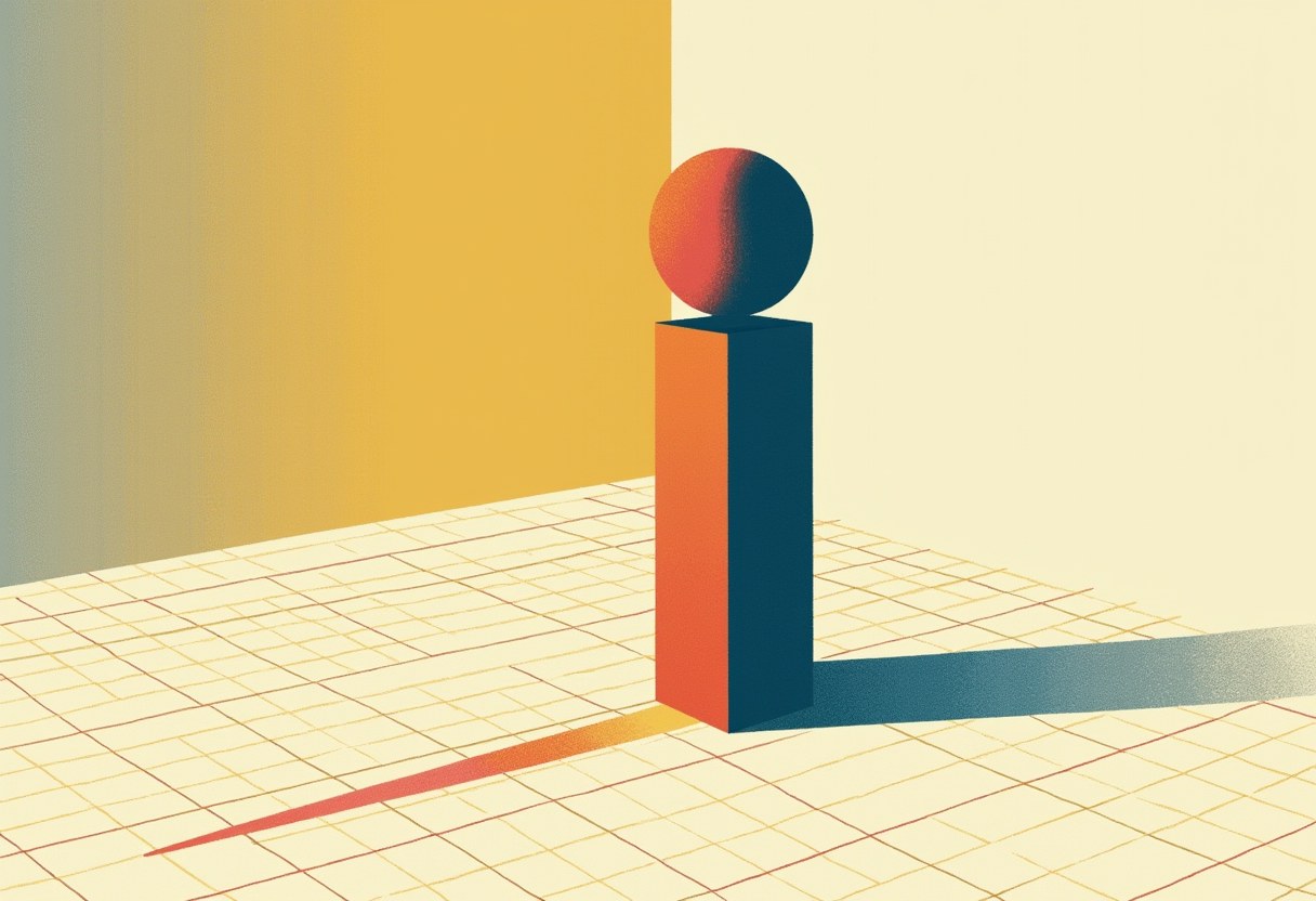 Abstract risograph illustration: a single monolithic form of two shapes fused into one, standing on a gridded ledger floor and casting shadows of different lengths across the grid; no text.