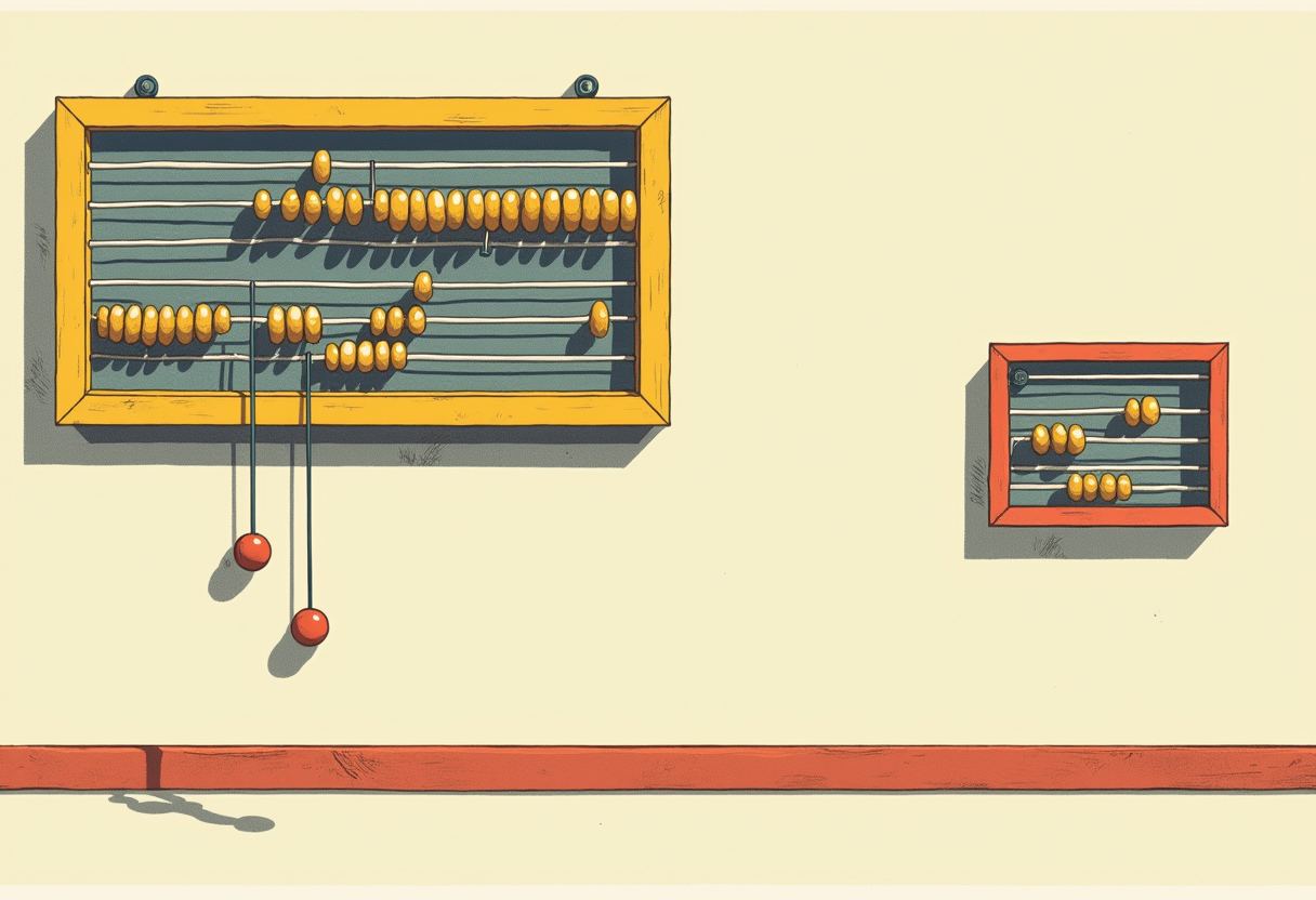 A large yellow-framed abacus with gold beads and two red beads hanging loose on strings sits beside a smaller orange-framed abacus, both on a cream wall above a red baseboard.