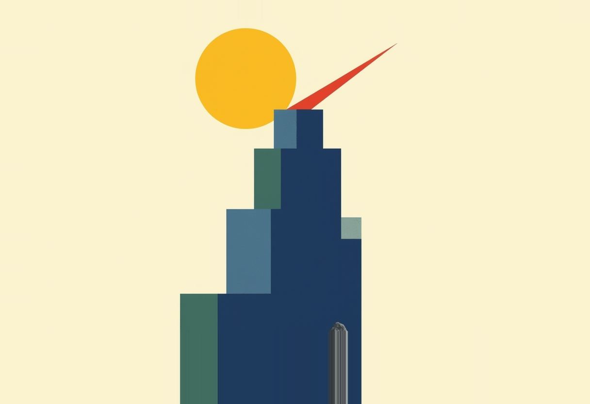 A stepped dark-blue skyscraper with teal and slate-blue accent blocks stands beside a yellow sun and a red spike, on a pale cream background.
