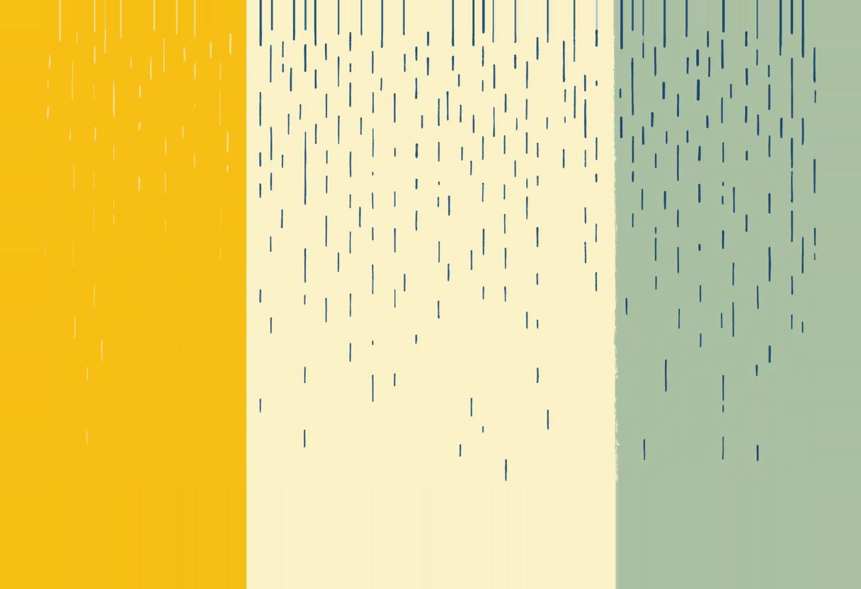 Three vertical bands—mustard, cream, and sage green—filled with dark blue vertical dashes like falling rain, thinning out toward the bottom.