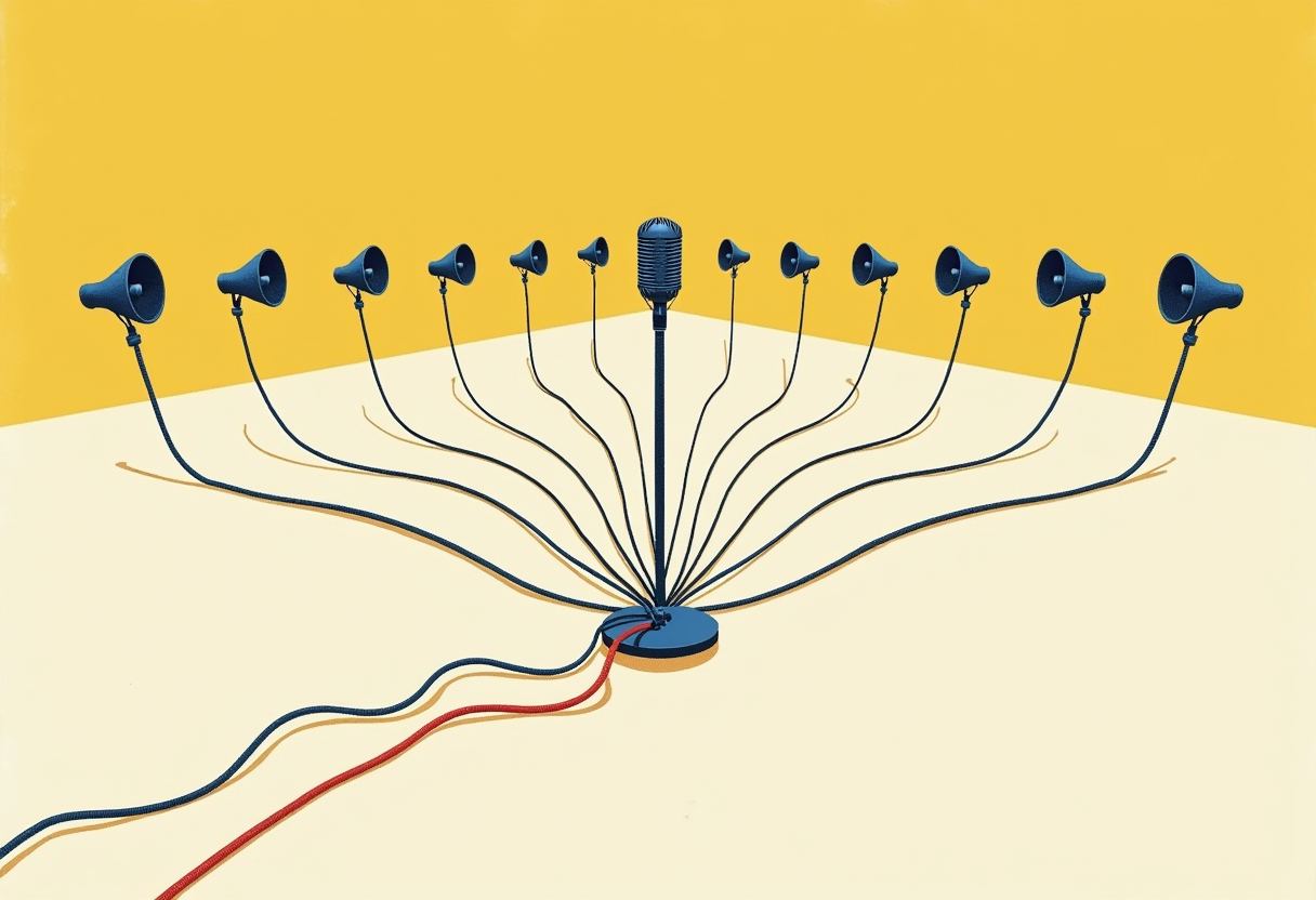 A single microphone on a stand fans out cables to a dozen small megaphones on either side, with a red and dark blue cable running off toward the viewer, against a yellow and cream background.