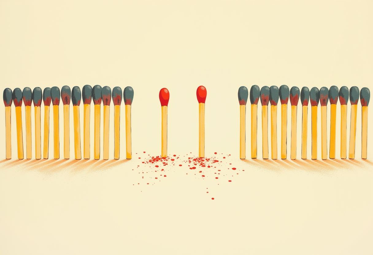 Two rows of burnt matches with dark gray heads flank two unlit matches with red heads standing amid scattered red flecks on cream background.