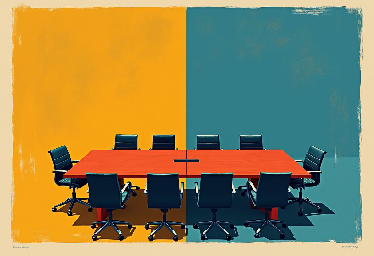 An empty red conference table with black rolling chairs stands before a wall split into orange and teal halves.