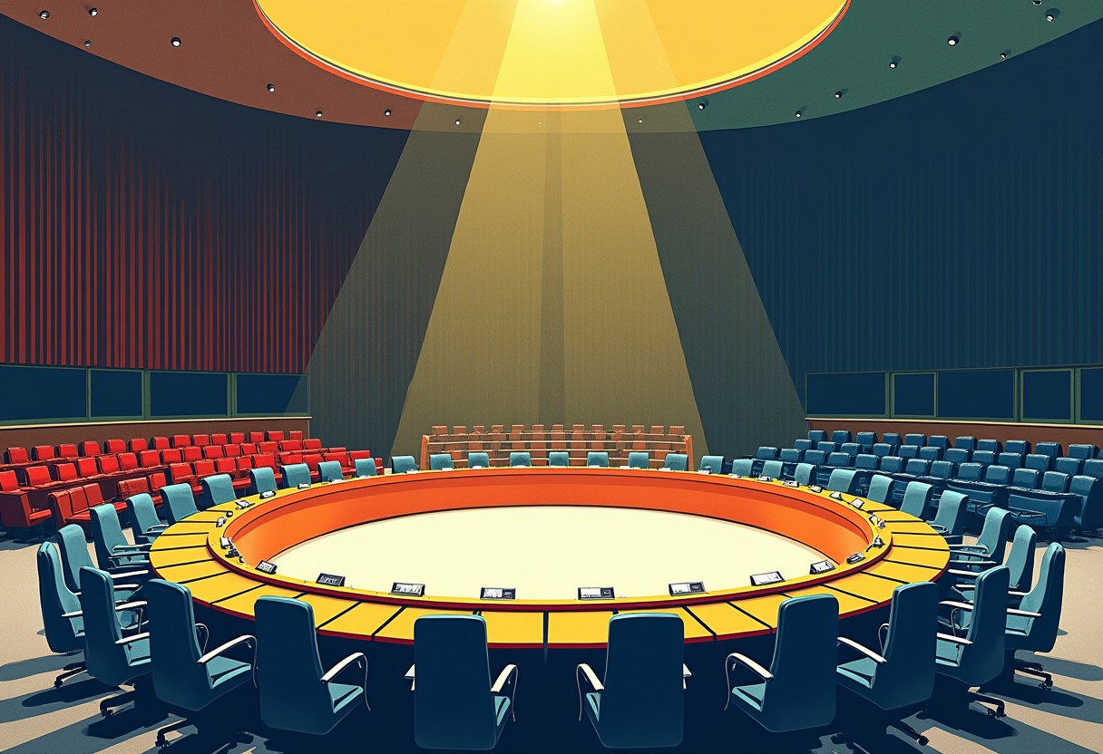 An empty semicircular diplomatic conference chamber, rows of vacant chairs around a curved table, a shaft of overhead light dividing the room into a lit half and a shadowed half; two-color riso, no text or people.