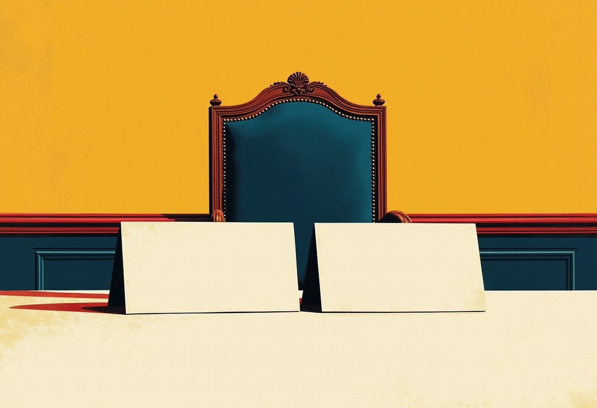 An empty ornate senate chair behind two identical blank nameplates on a table
