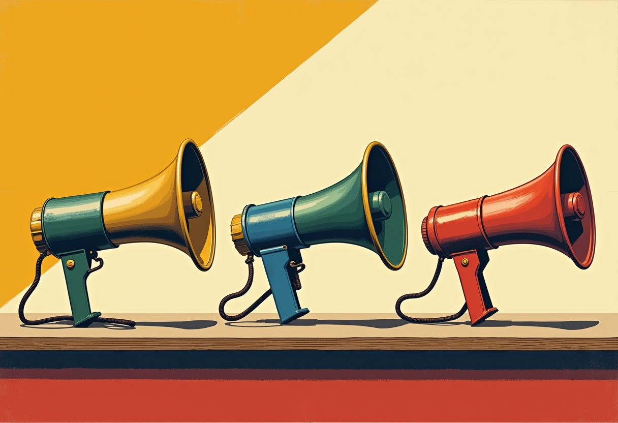 Three handheld megaphones in yellow, green, and red stand in a row on a shelf against an orange and cream background.