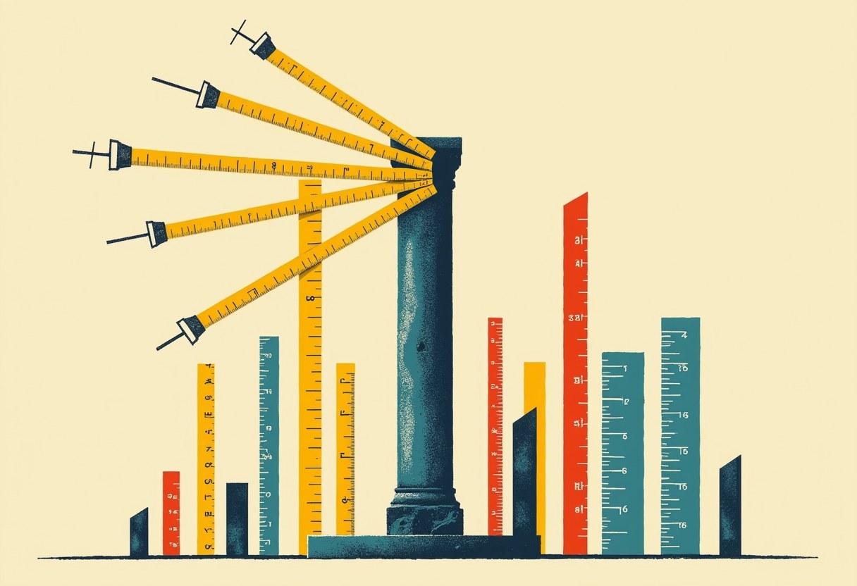 Abstract risograph poster: a single classical stone column at center with measuring tapes fanning outward to different marks, ringed by rulers of unequal height rising from one baseline — one object measured many ways and disagreeing.