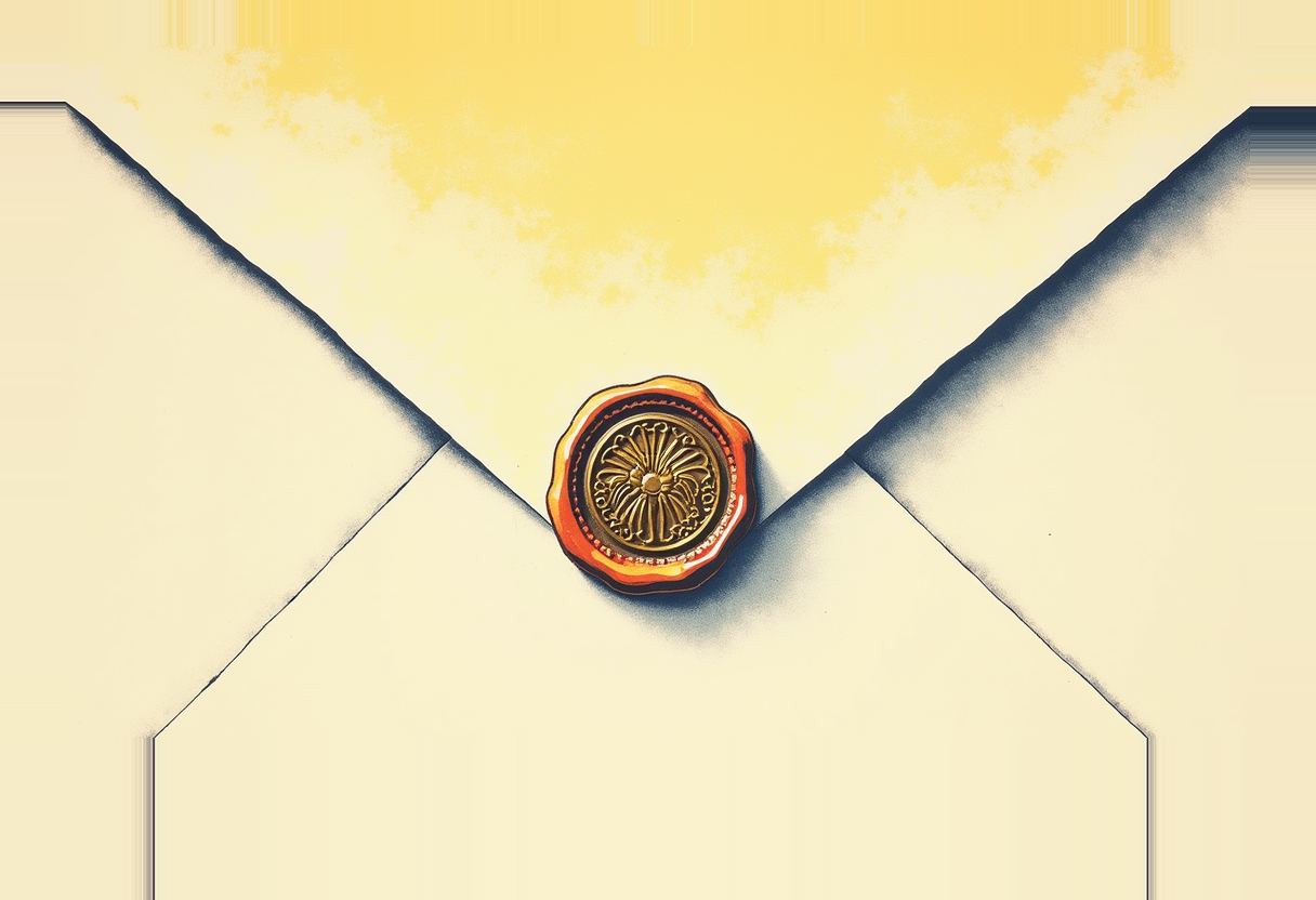 Close-up of a cream envelope's V-shaped flap sealed with a round orange and gold wax seal bearing an ornate floral emblem, against a yellow sky-like background.