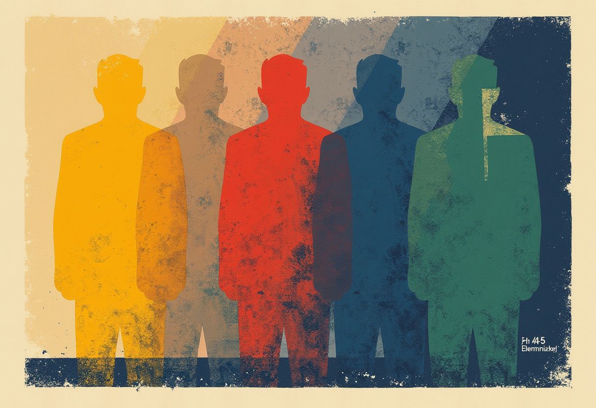Five overlapping human silhouettes shown from behind in yellow, tan, red, blue, and green against a matching striped background.