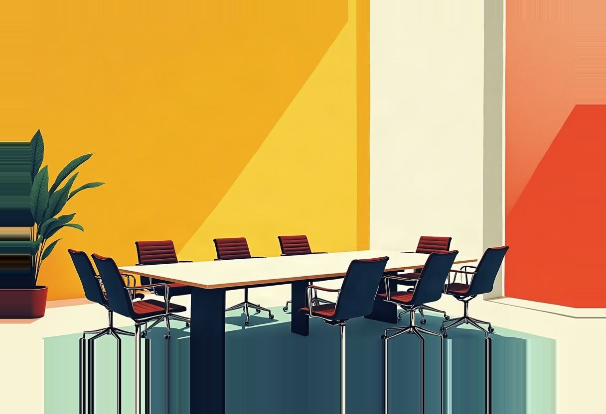 An empty conference table with eight rolling office chairs against a wall painted in orange, yellow, and cream color blocks, a potted plant at left.