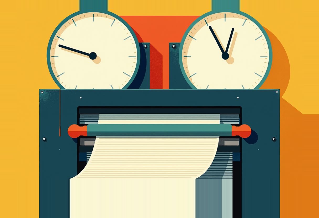 Two teal-rimmed clocks showing different times sit atop a dark blue printing press feeding out a blank paper roll, against a yellow and orange background.